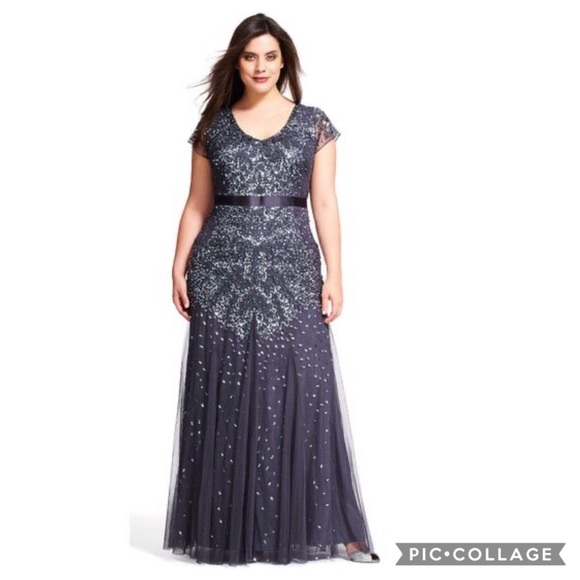 Adrianna papell Gunmetal grey sequin& beaded cap sleeves Long Dress - Picture 5 of 15